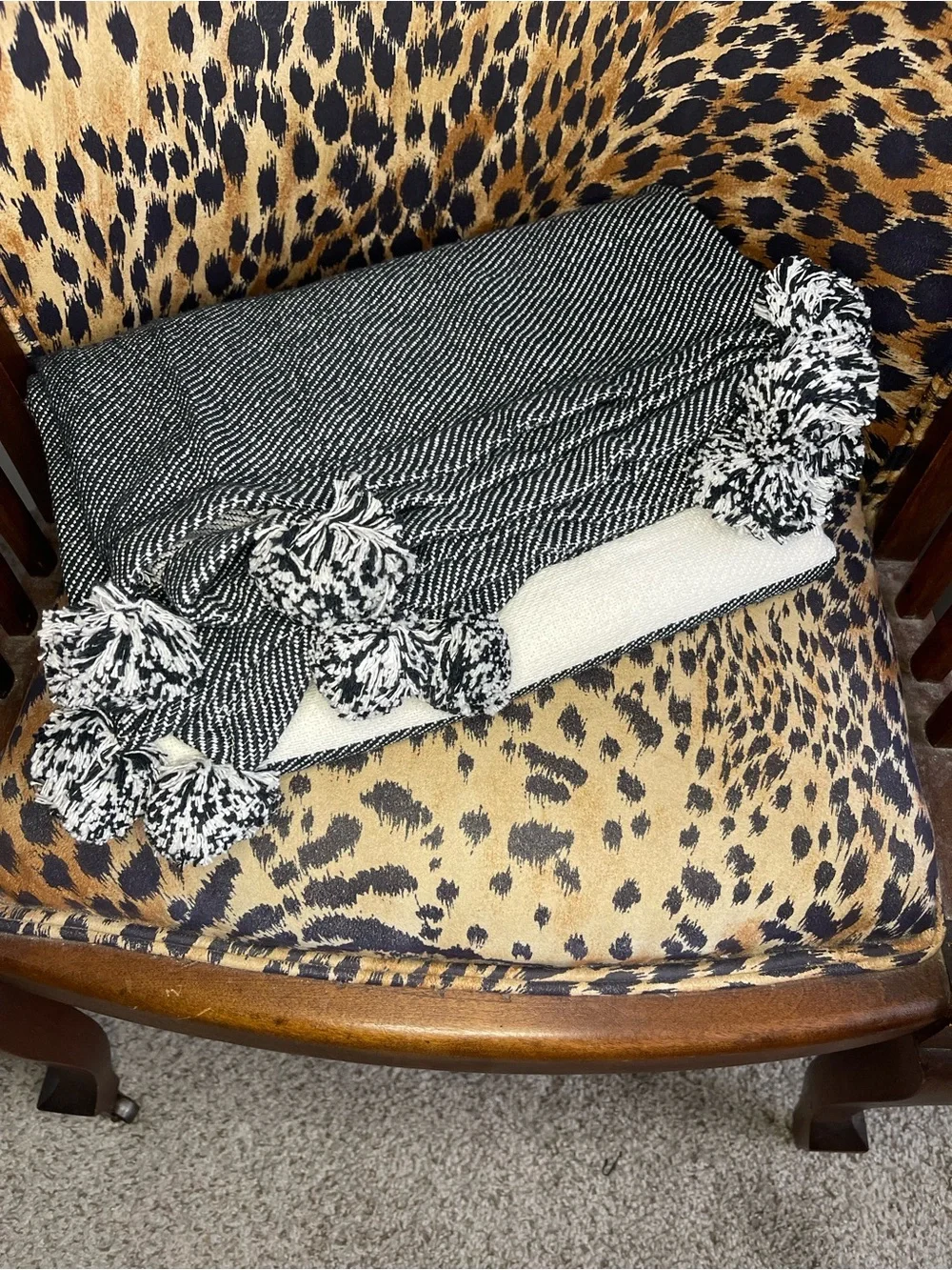 Woven Throw Blanket Black Off White 100% Cotton 50”x70” Striped Pompoms Gift
